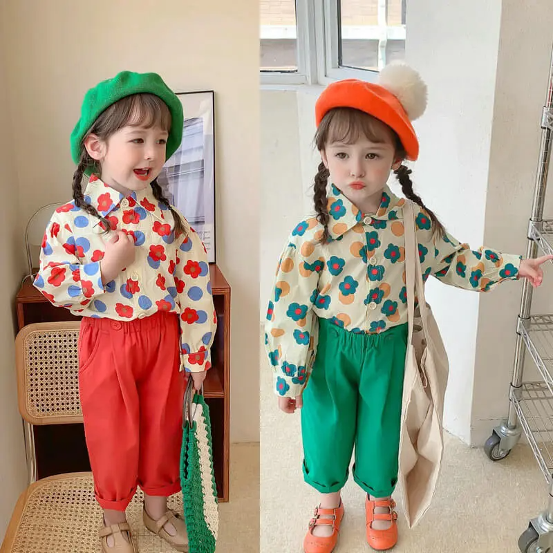 Girls Sweet Floral Pattern Lapel Blouse And Solid Color Pants Set