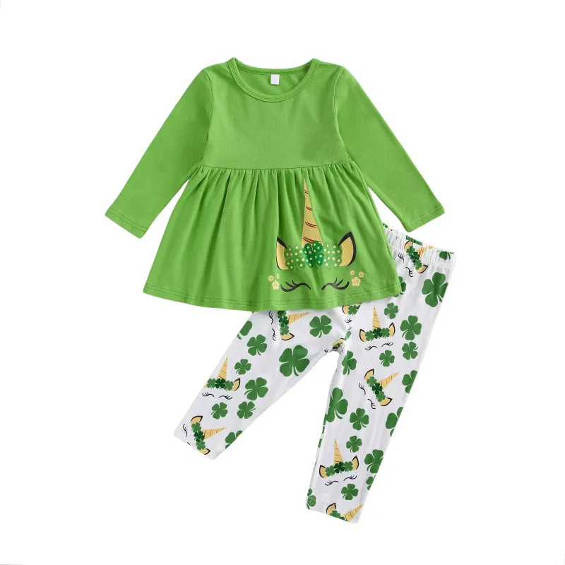 Children Kids Toddlers Fashion St.Patrick'S Day Girls Long Sleeve Unicorn Print Tops And Clover Pants 2pc Set