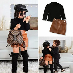 Girls High Collar Long-Sleeves Solid Color Tops And PU Skirt Set