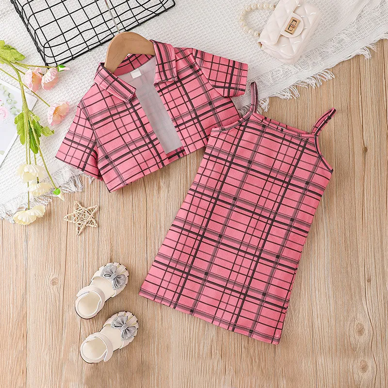 Children Kids Toddlers Fashion Girls Short Sleeve Plaid Top And Suspender Dress 2pcs Set