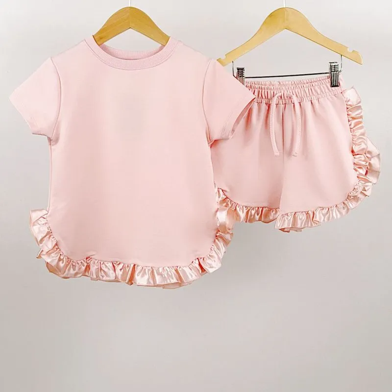 Children Kids Baby Fashion Girls Short Sleeve Casual Basic Solid Color Ruffle T-Shirt And Shorts 2pcs Set