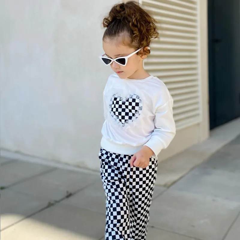 Children Kids Toddlers Girls Long Sleeve Love Top And Plaid Pants 2pcs Set