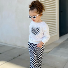 Children Kids Toddlers Girls Long Sleeve Love Top And Plaid Pants 2pcs Set