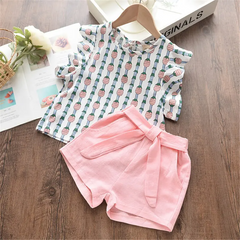 Girls Fashion Pineapple Print Sleeveless Ruffled Tops And Shorts Set