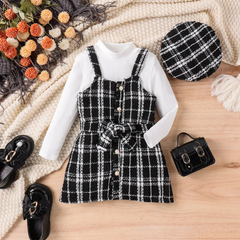 Kids Toddler Girls Autumn Winter Fashion Casual Solid Color Long Sleeve Turtle Neck T-Shirt Plaid Suspenders Dress Sets