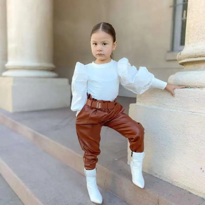 Children Kids Baby Fashion Girls Long Sleeve Solid Color Top And Pu Leather Pants 2pcs Set