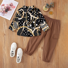 Children Kids Toddlers Fashion Girls Long Sleeve Chain Print Top And Solid Color Pants 2pcs Set