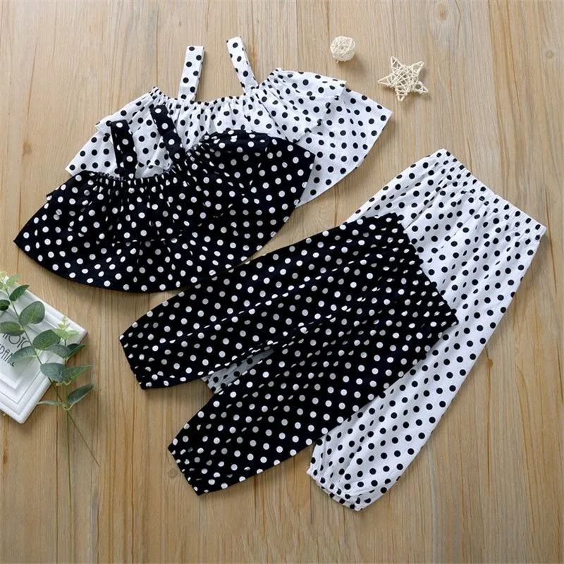 Casual 2 Pcs Set Girl Dot Print Ruffle Tops And Pants