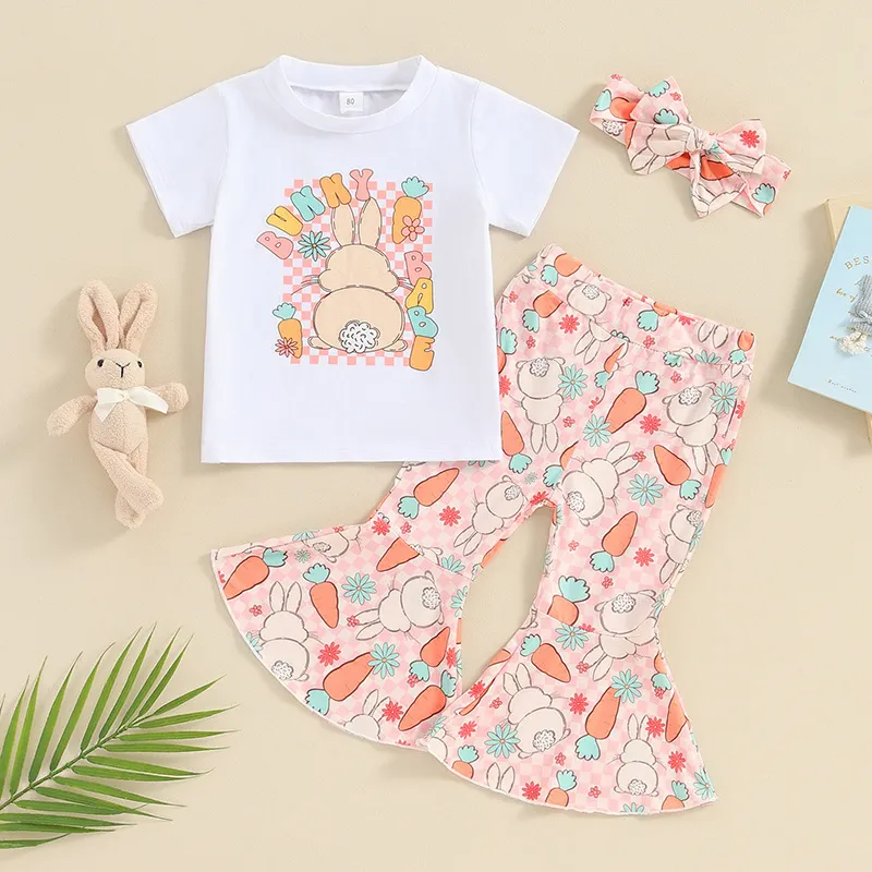 Kids Toddler Girls Easter Cute Cartoon Bunny Print Short Sleeve Round Neck Flare Trousers Set