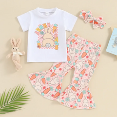 Kids Toddler Girls Easter Cute Cartoon Bunny Print Short Sleeve Round Neck Flare Trousers Set