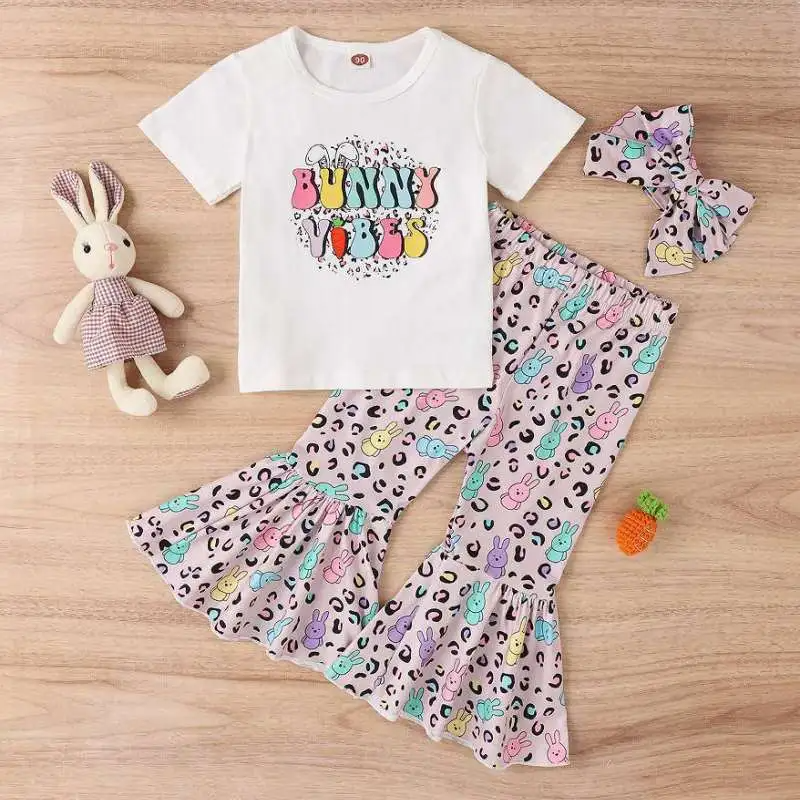 Kids Toddler Girls Casual Cute Easter Alphabet Cartoon Rabbit Print Short Sleeve Round Neck T-Shirt Flare Trousers Set