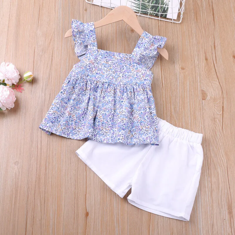 Girls Fashion Floral T-Shirt And Solid Color Shorts Set