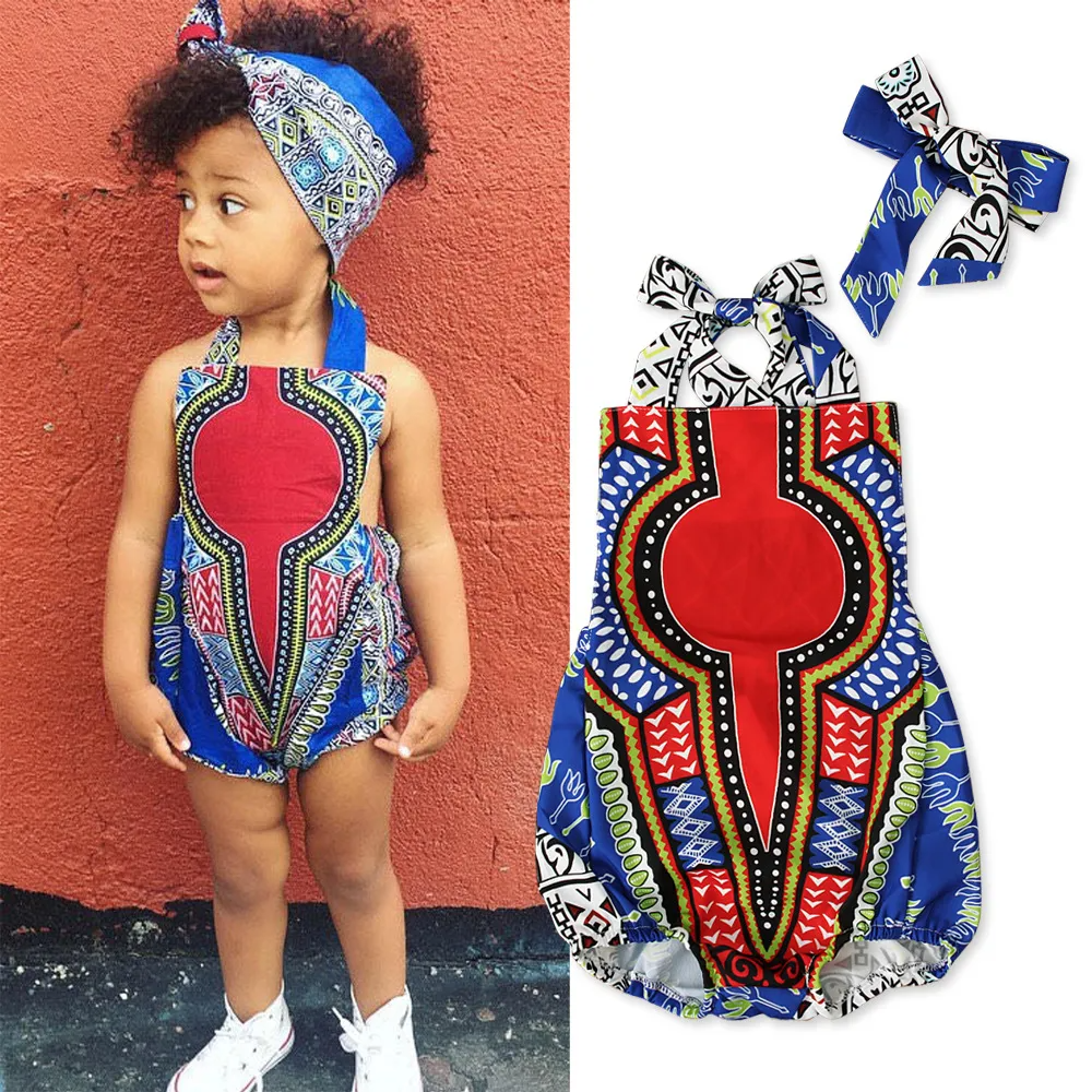 Ethnic Style Sleeveless Printed Halterneck Romper With Headband Set