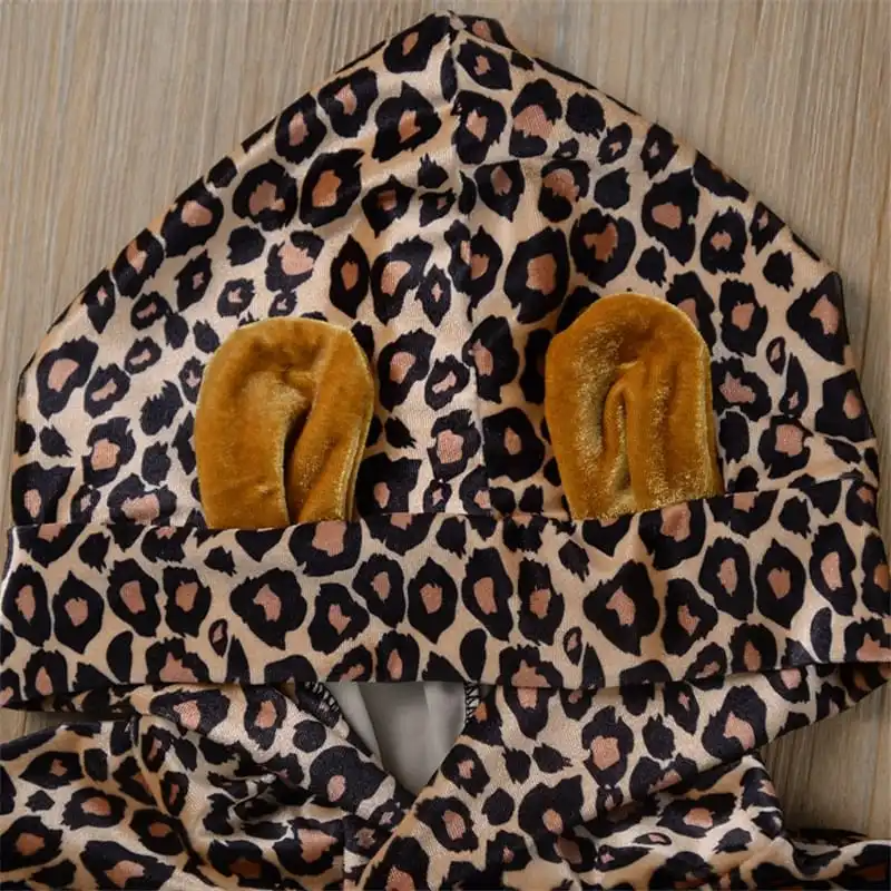 Kids Long-Sleeves Ear Design Leopard Printed Hoodie And Pants Set