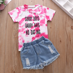 Girls Fashion Letter Pattern Tie-Dye T-Shirt And Denim Shorts Set