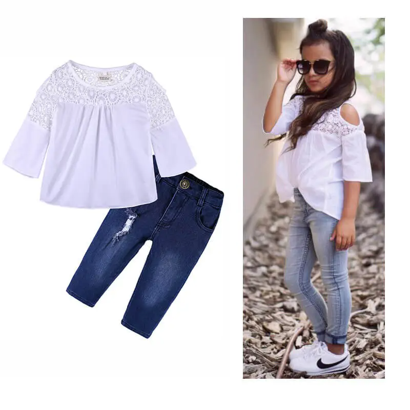 Girls Fashion Long-Sleeves Cool-Shoulder Lace Design Tops And Jeans