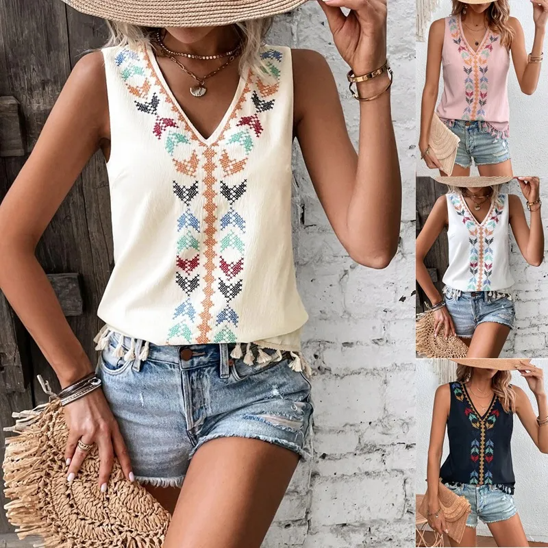 Bohemian Women Casual V-Neck Embroidered Patchwork Tassel Sleeveless Blouses