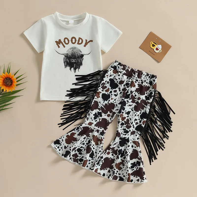 Kids Toddler Girls Casual Cute Cartoon Letters Print Short Sleeve Round Neck T-Shirt Flare Trousers Set