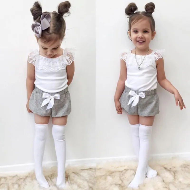 Children Kids Baby Fashion Girls Lace Ruffle Sleeve White T-Shirt And Shorts 2pc Set