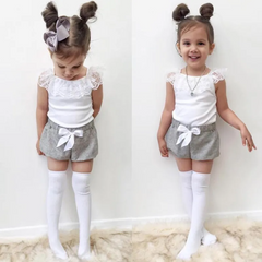 Children Kids Baby Fashion Girls Lace Ruffle Sleeve White T-Shirt And Shorts 2pc Set