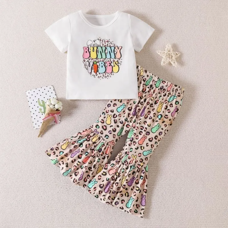 Kids Toddler Girls Casual Cute Easter Alphabet Cartoon Bunny Print Short Sleeve Round Neck T-Shirt Flare Trousers Set