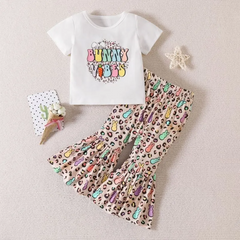 Kids Toddler Girls Casual Cute Easter Alphabet Cartoon Bunny Print Short Sleeve Round Neck T-Shirt Flare Trousers Set