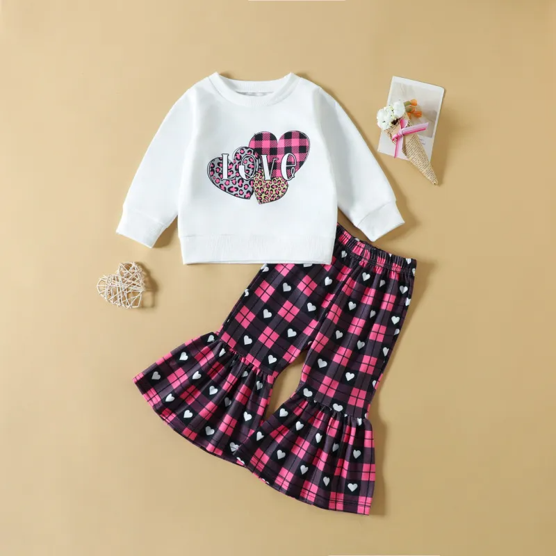 Kids Toddler Girls Casual Cute Sweet Letters Heart Print Long Sleeve Round Neck Sweatshirts Flare Trousers Set