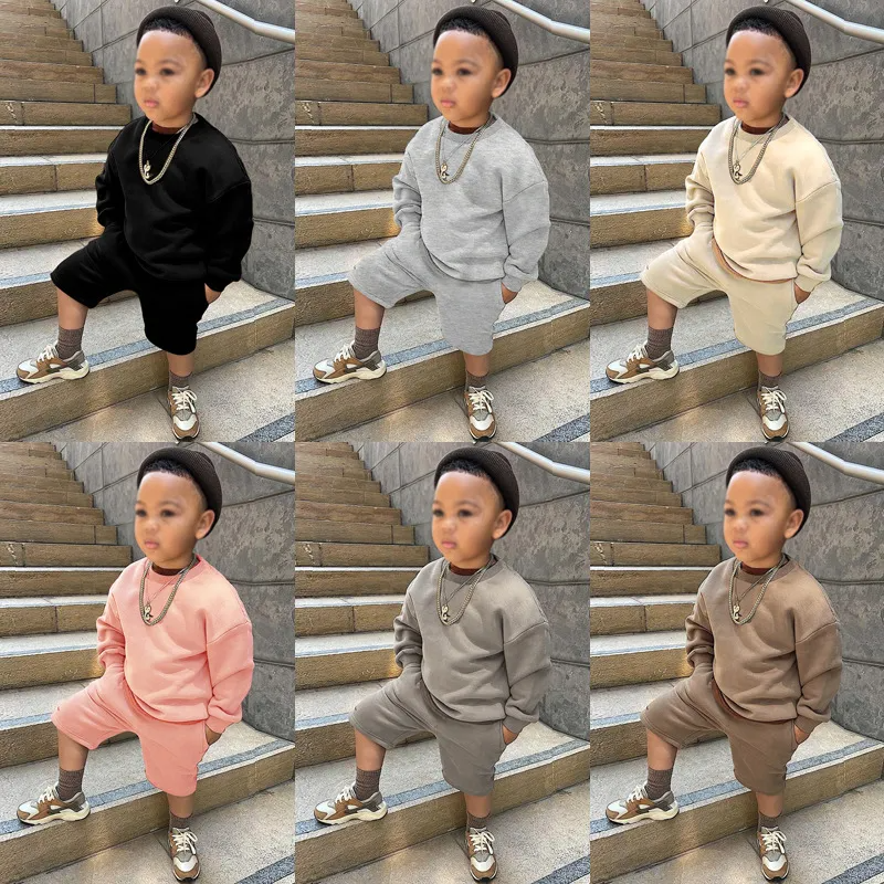 Children Kids Toddlers Girls Boys Long Sleeves Solid Color T-Shirt And Shorts 2pcs Set