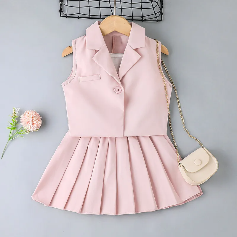 Children Kids Toddlers Fashion Girls Solid Color Sleeveless Jacket And Sling T-Shirt Pleated Skirt 3pcs Set