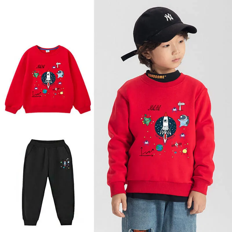 Kids Casual Round Neck Space Printed Sweatshirt And Jogger Pants Set