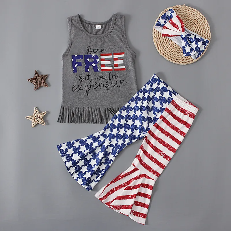 Children Kids Baby Fashion Girls Independence Day Flag Sleeveless Letter Print T-Shirt And Pants Set