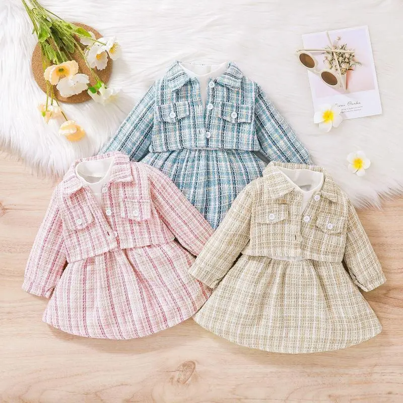 Kids Baby Girls Fashion Casual Chic Plaid Long Sleeve Lapel Coat Dress Sets