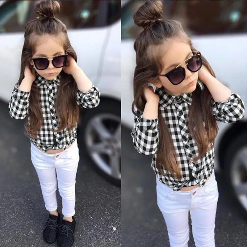 Girls Plaid Shirt And White Trousers Set