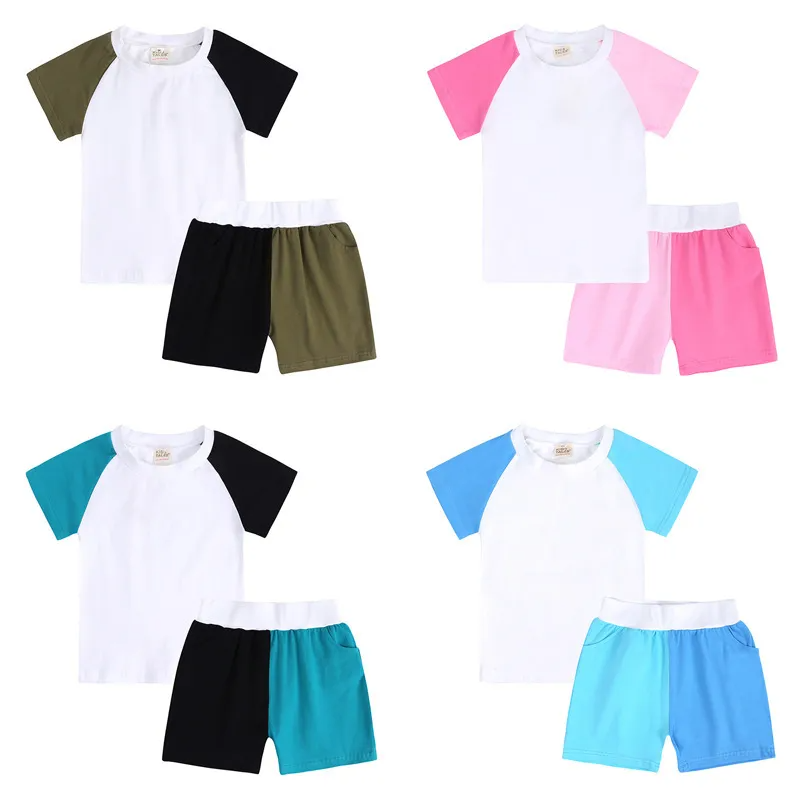 Children Kids Toddlers Girls Boys Short Sleeve Color Blocking T-Shirt And Short 2pcs Set