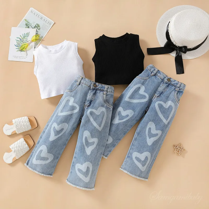 Children Kids Baby Fashion Girls Sleeveless Solid Color Top And Heart Print Denim Pants 2pcs Set