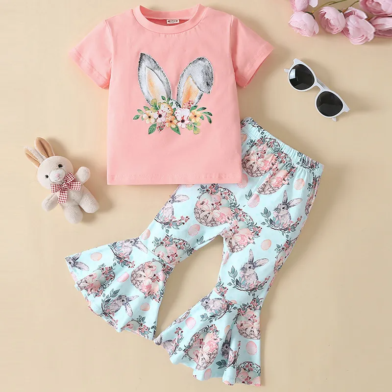 Kids Toddler Girls Summer Fashion Casual Sweet Easter Cotton Round Neck T-Shirt Bunny Pattern Flare Trousers Set