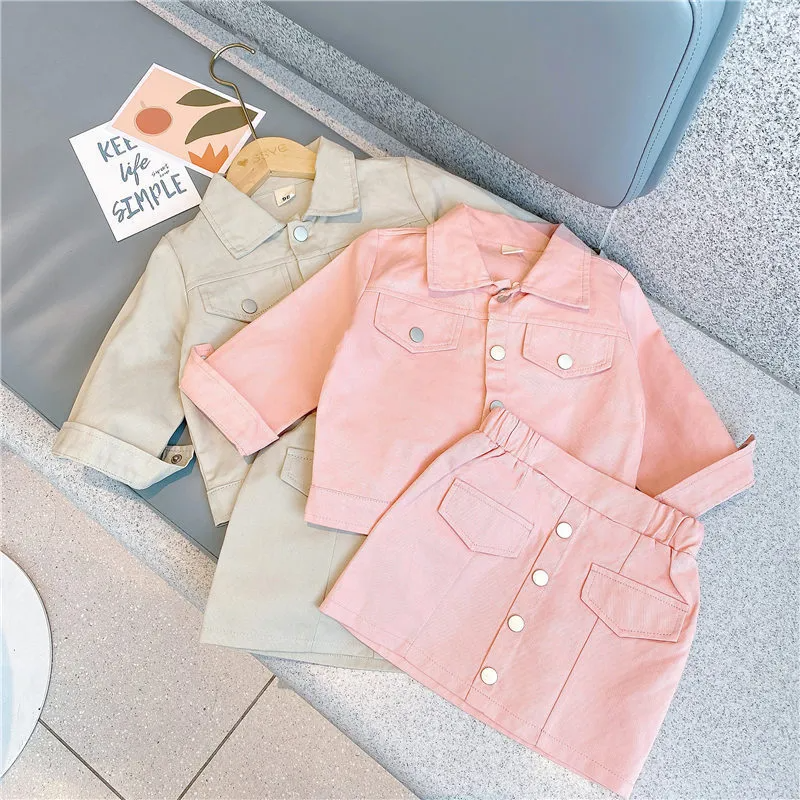 Children Kids Baby Fashion Girls Casual Long Sleeve Solid Color Jacket And Skirt 2pcs Set