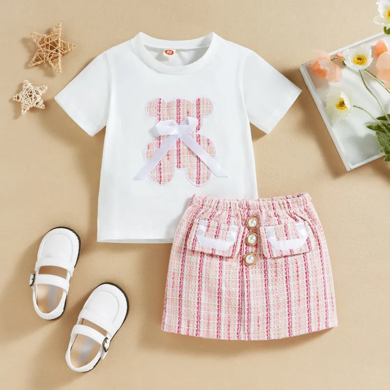 Kids Toddler Girls Summer Casual Cute Bow Cartoon Bear Pattern Short Sleeve Round Neck T-Shirt Stripe Skirt Sets