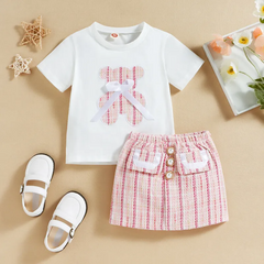 Kids Toddler Girls Summer Casual Cute Bow Cartoon Bear Pattern Short Sleeve Round Neck T-Shirt Stripe Skirt Sets