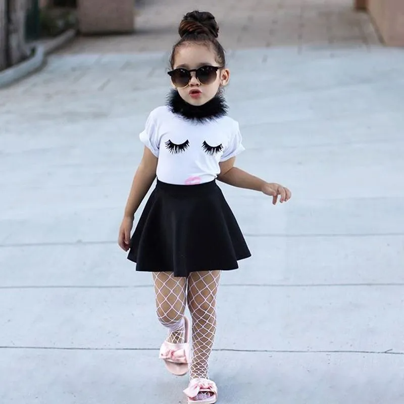 2 Pcs Set Girl White T-Shirts And Black Skirts