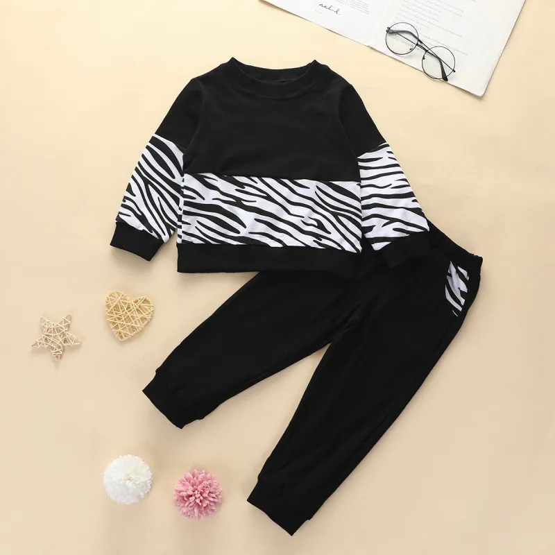 Casual Round Neck Long Sleeve Zebra Sweatshirt And Sweatpants Set