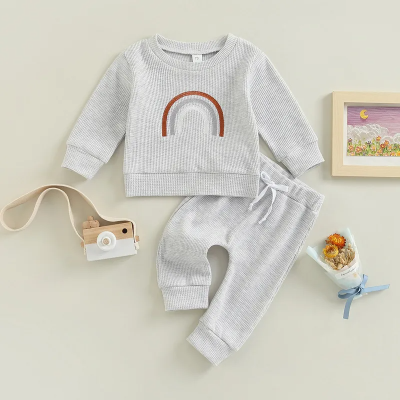 Kids Toddler Boys Girls Autumn Winter Casual Cute Rainbow Stripe Print Long Sleeve Round Neck Sweatshirts Pants Long Set