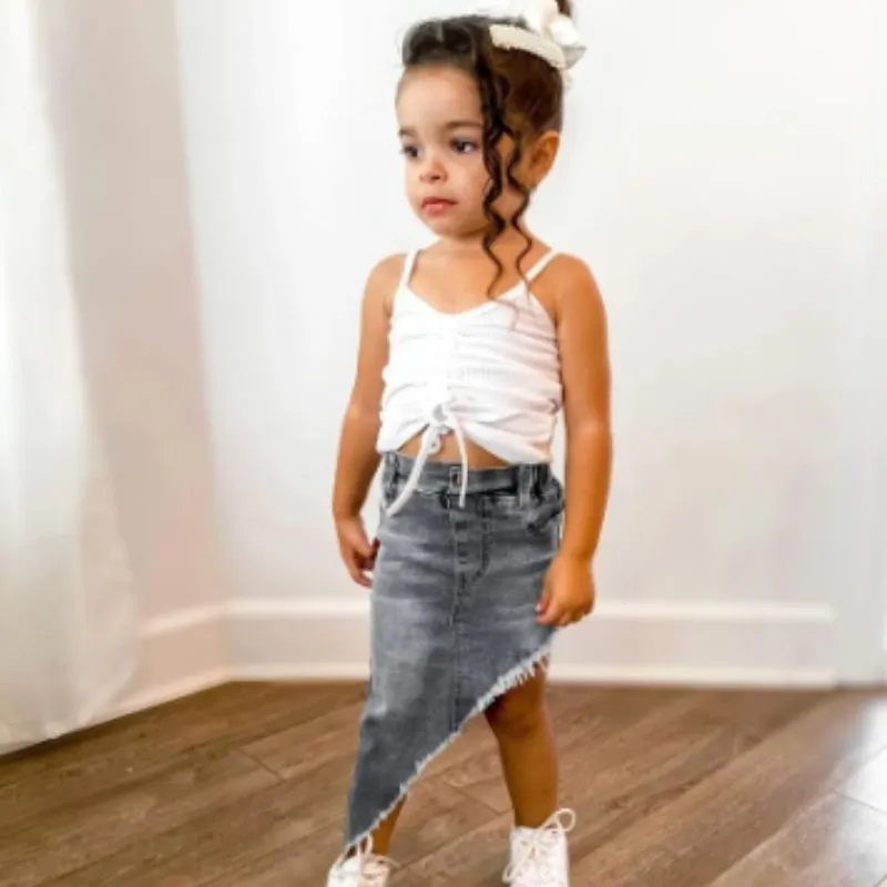 Kids Baby Toddler Girls Fashion White Pleated Suspender Top And Slanted Denim Skirt Two-Piece Set