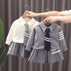 Kids Toddler Girls Autumn Winter Fashion Casual Simple Preppy Solid Color Striped Sweater Pleated Skirt Set