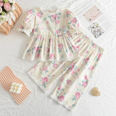 Children Kids Baby Fashion Girls Short Sleeve Flower Print Top And Loose Pants 2pc Set