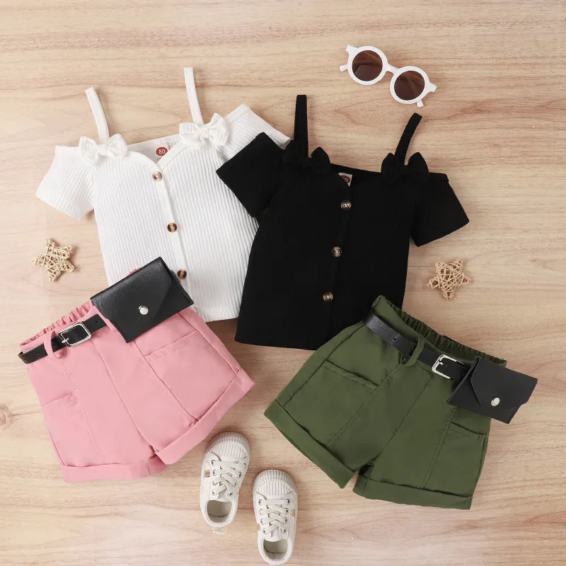 Kids Toddler Girls Fashion Casual Solid Color Cami Off Shoulder Top Shorts Set