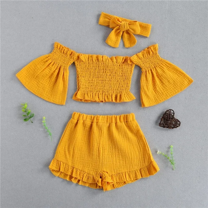 Children Girl Solid Color Shoulder Two-Piece Set