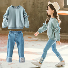 Girls Long-Sleeves Lace Design Solid Color Sweatshirt And Jeans Set