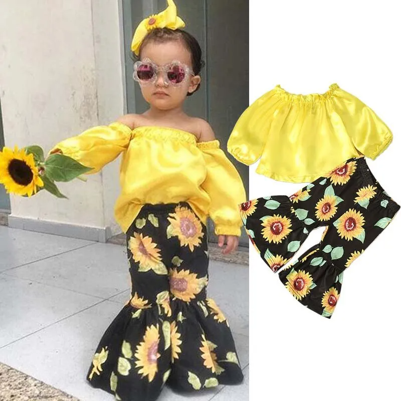 2 Pcs Set Kid Gir Yellow Tops And Sunflower Print Pants