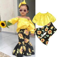 2 Pcs Set Kid Gir Yellow Tops And Sunflower Print Pants